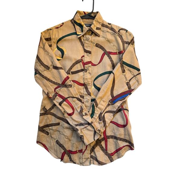 Lauren Ralph Lauren Black Label XS Belting Print Cotton Shirt Equestrian Blouse - Picture 5 of 10